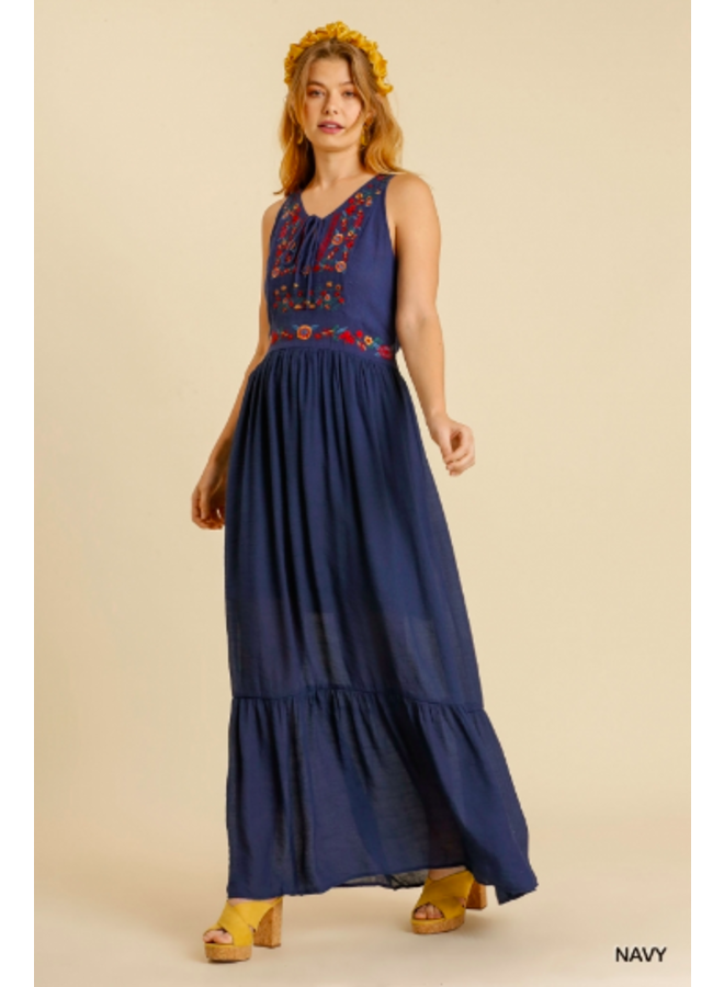 Navy Blue Sleeveless Maxi Dress w/ Floral Embroidery