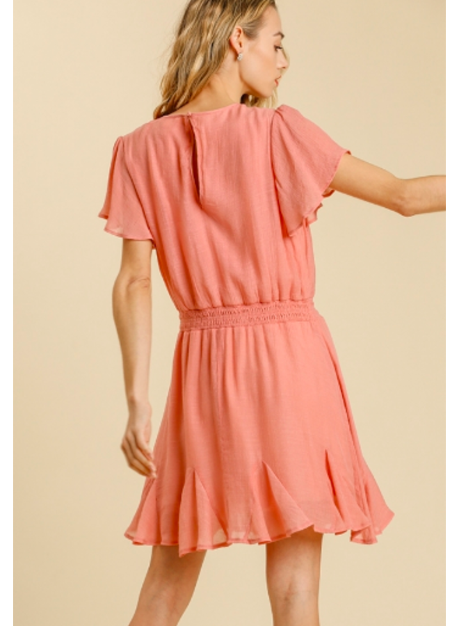 Coral V-Neck Short Sleeve Dress w/ Drawstring Waist & Ruffle Hem