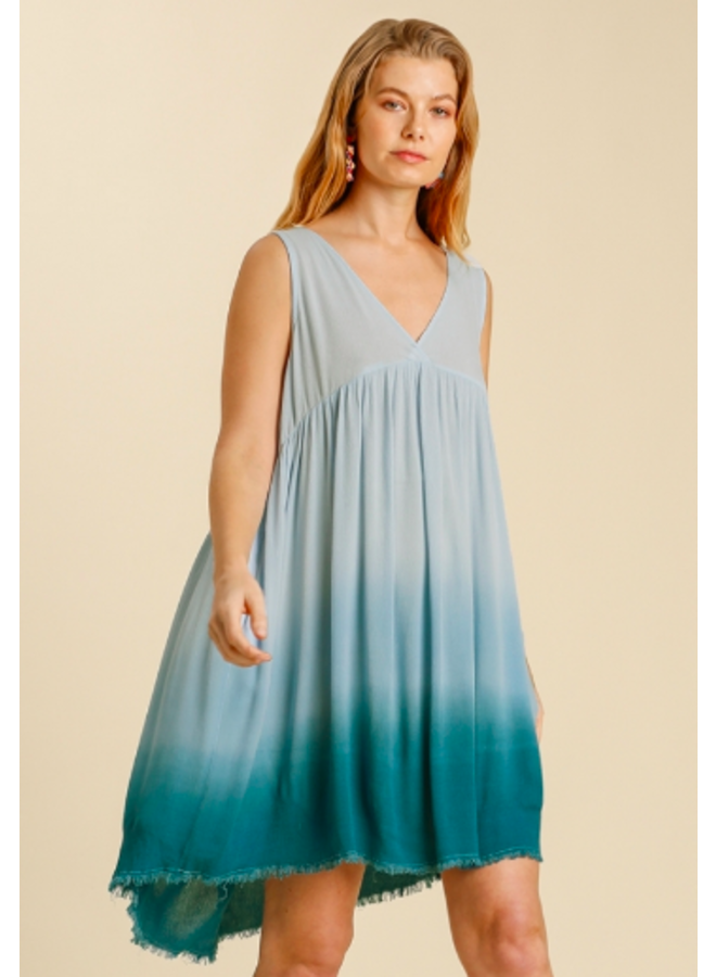 Dip Dye Tank Dress w/ Frayed Hem - Light Blue / Teal