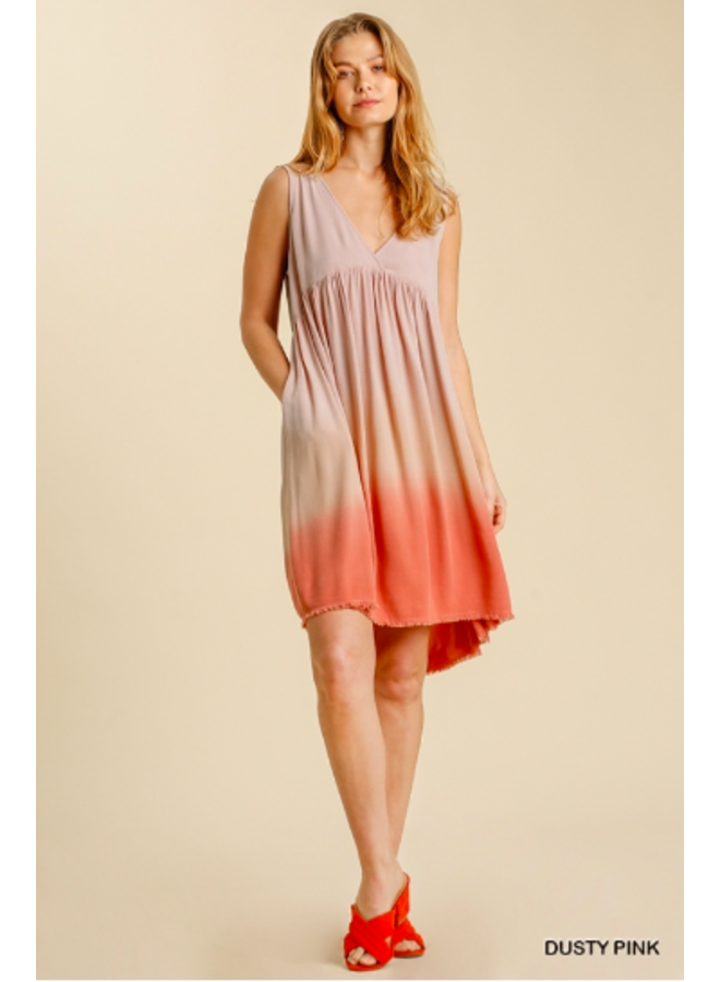 Dip Dye Tank Dress w/ Frayed Hem - Pink / Coral