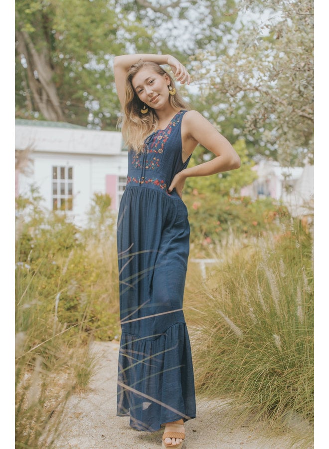 Navy Blue Sleeveless Maxi Dress w/ Floral Embroidery