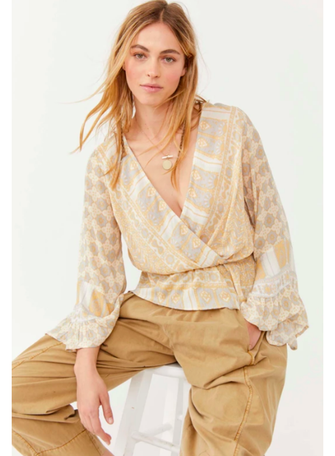 Rosalie Wrap Top - Free People - Taupe / Yellow