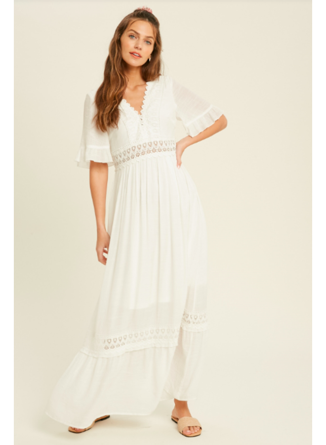 White V Neck Maxi Dress w/ Lace Trim & 3/4 Sleeves by Wishlist - White