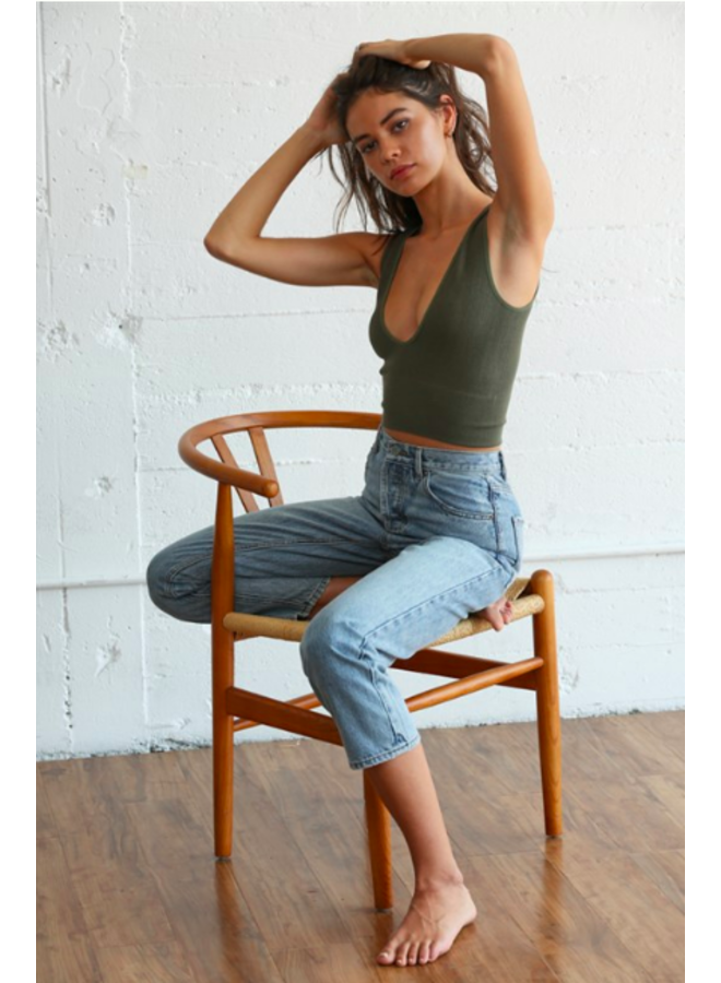 Finely Ribbed Plunge V Neck Brami Crop Top - Moss Green - By Together