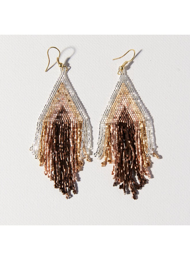 Mixed Metallic Striped Earrings With Fringe - Silver, Gold, Brown