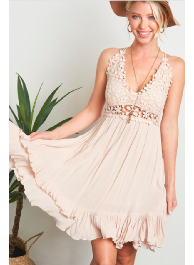 Daisy Crochet Top Short Slip Dress - Tan / Natural