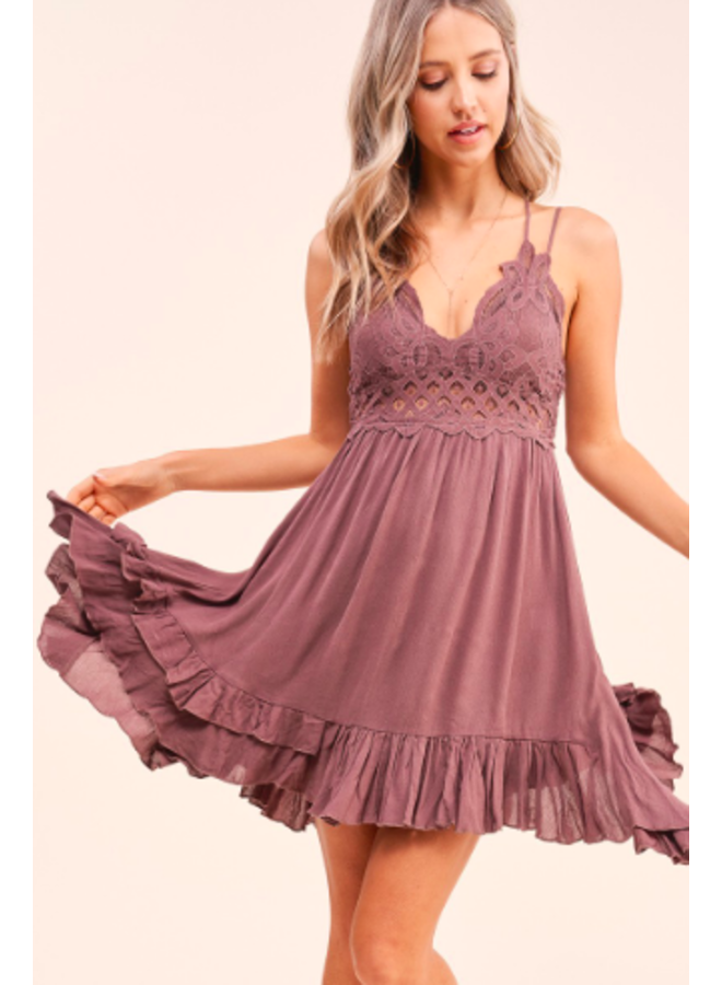 Lace Top Short Slip Dress - Mocha