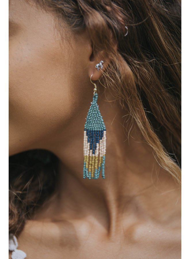 Beaded Triangle Small Fringe Earrings - Teal, Navy, Peach, Citron