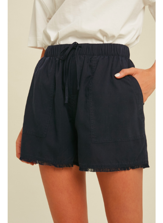 Loose Tencel Drawstring Shorts w/ Raw Hem by Wishlist - Navy