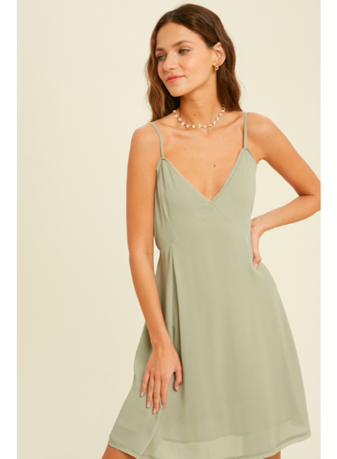 Spaghetti Strap V Neck Mini Dress w/  Tie Back by Wishlist - Sage Green