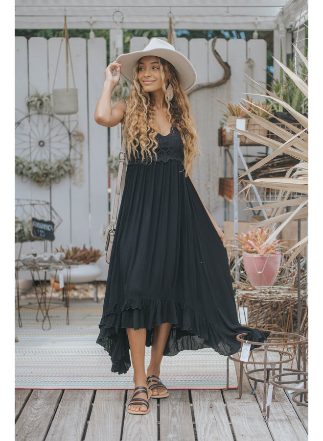 Lace Top Maxi Slip Dress - Black