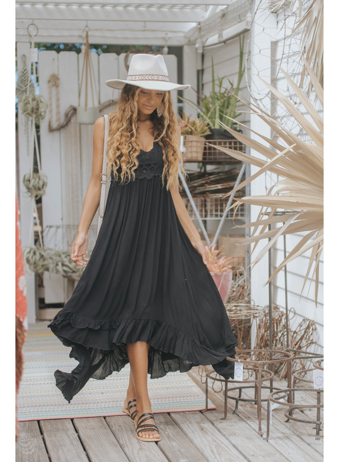 Lace Top Maxi Slip Dress - Black
