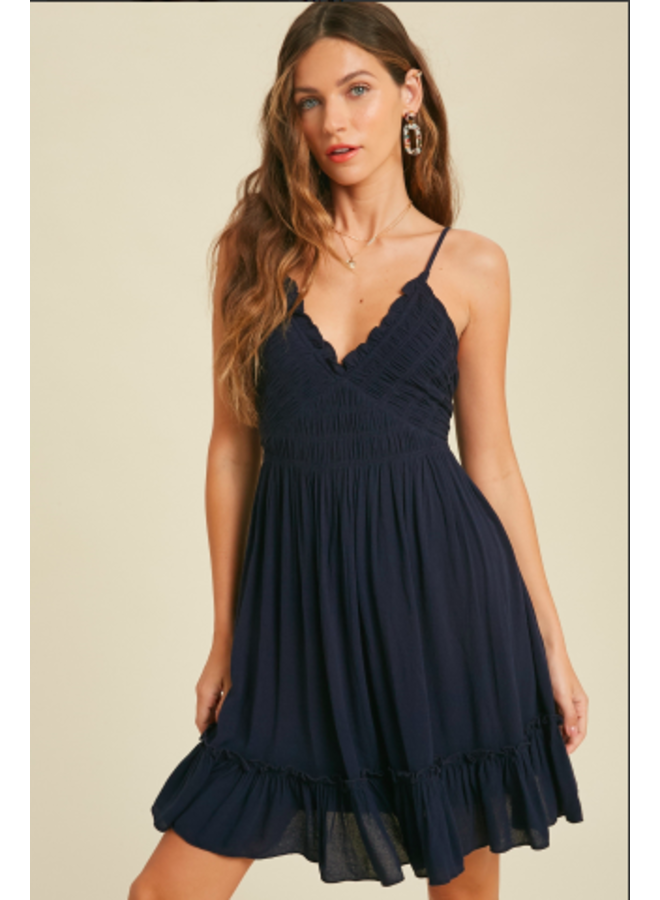 Short Halter Dress with Smocked Middle and Tie Back  by Wishlist - Navy