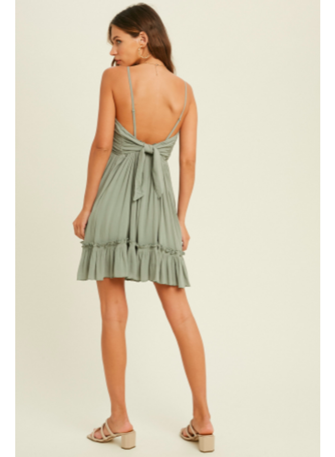 Short Halter Dress with Smocked Middle and Tie Back  by Wishlist - Sage Green