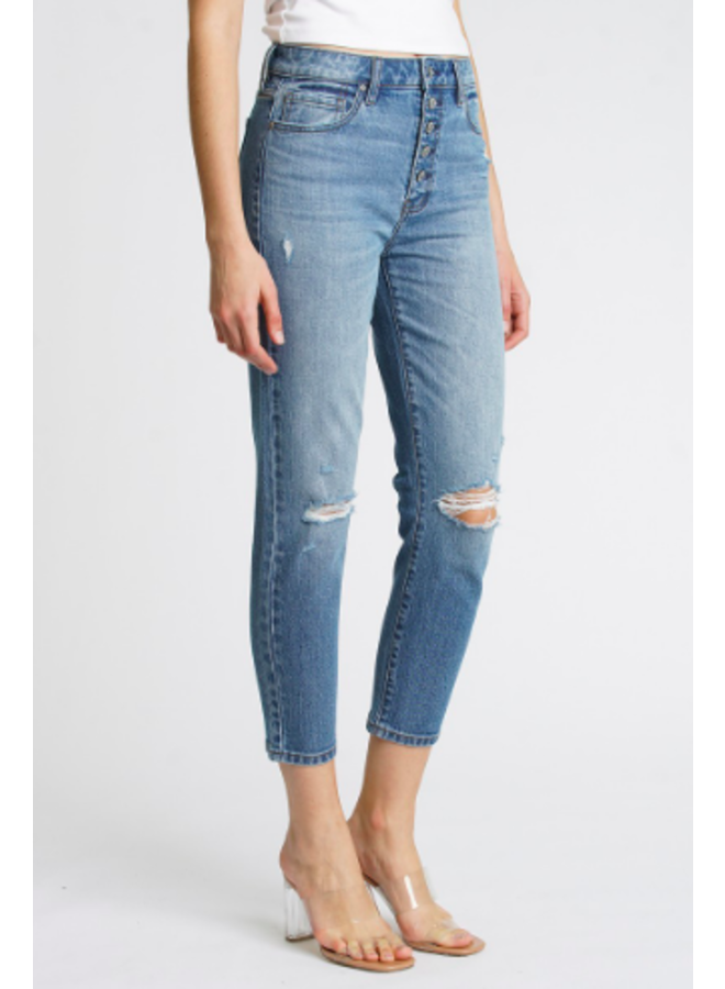 Tobi Super High Rise Button Front Ripped Knee Jeans by Eunina - Fire Sign MD