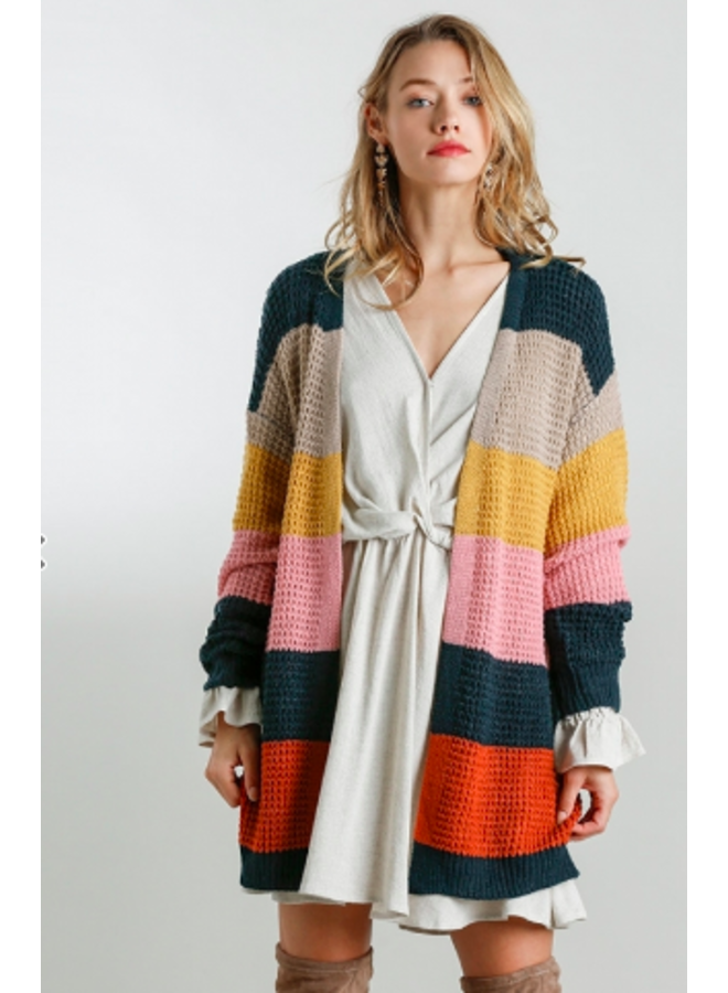 Multi Color Striped Long Cardigan - Yellow, Pink, Green