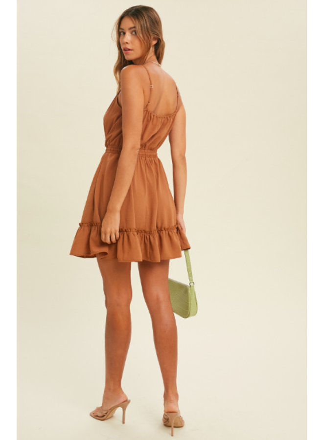 High Neck Mini Dress w/  Drawstring Waist and Ruffle Bottom by Wishlist - Copper Orange