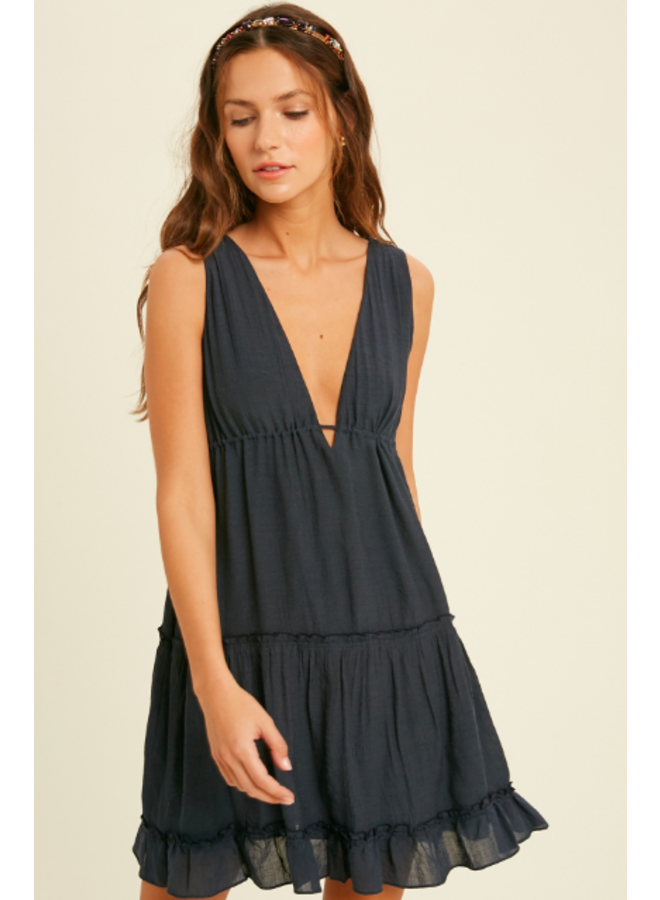 Tiered V Neck Mini Dress w/ Side Ties by Wishlist - Navy