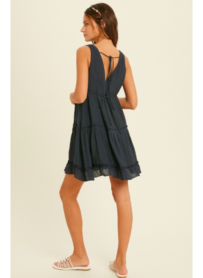 Tiered V Neck Mini Dress w/ Side Ties by Wishlist - Navy