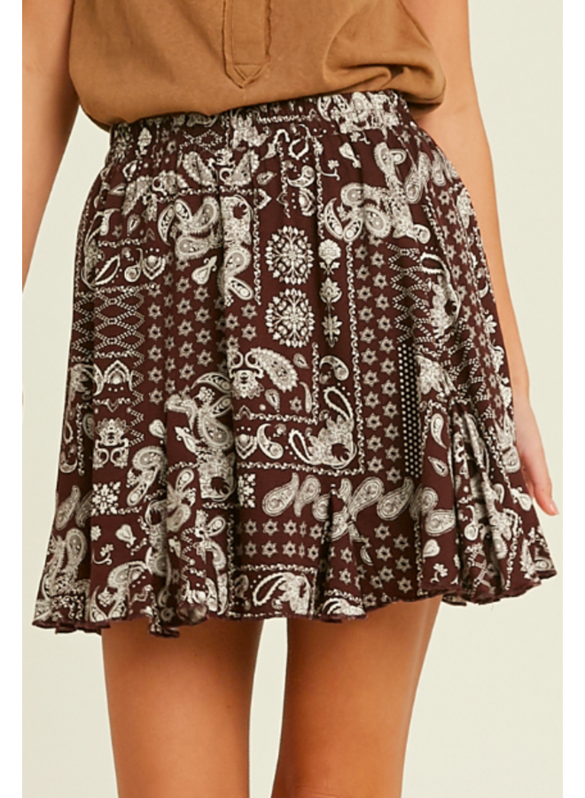 Bandana Print Mini  Wrap Skirt  by Wishlist - Mahogany Brown