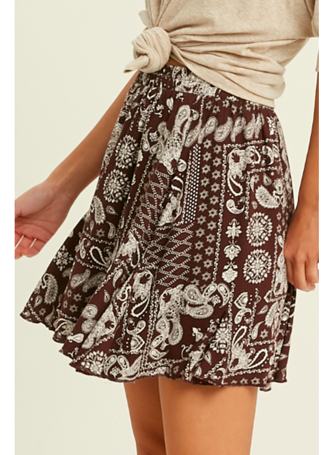 Bandana Print Mini  Wrap Skirt  by Wishlist - Mahogany Brown