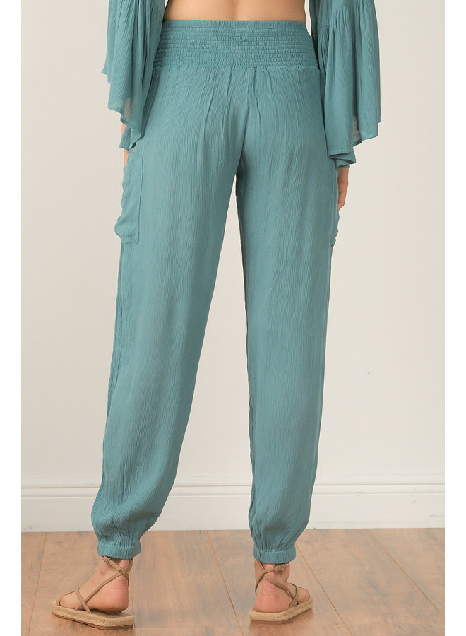 Gauze Jogger Pants w/ Smocked Waist by Elan - Teal Jade