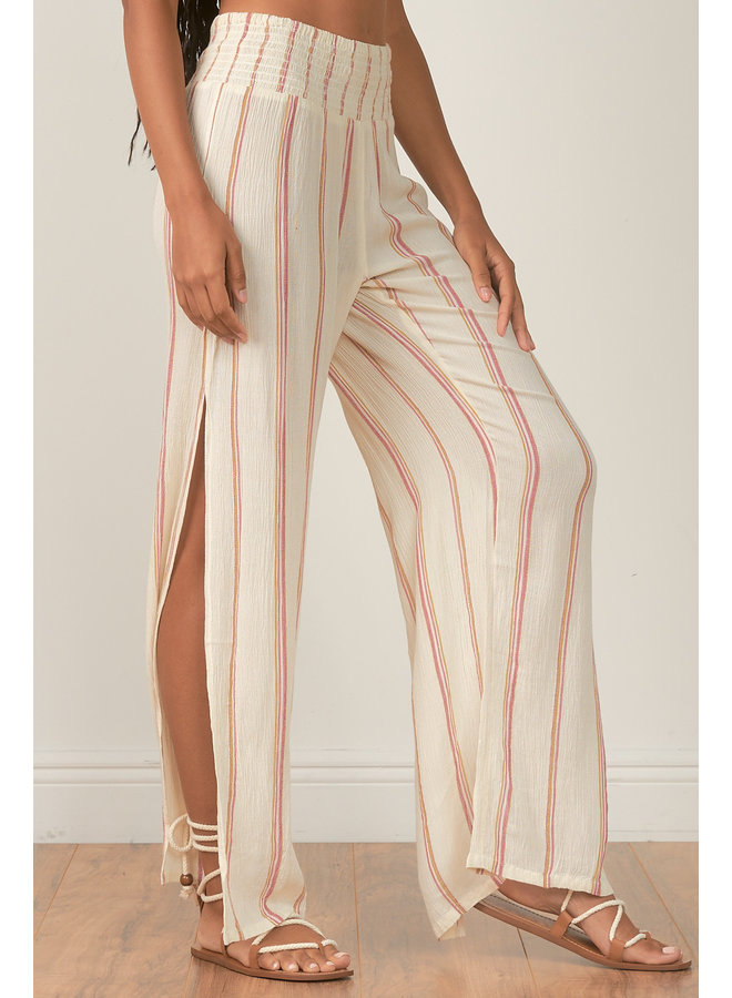 Gauze Wide Leg Pants w/ Side Slits  by Elan - Natural Stripe