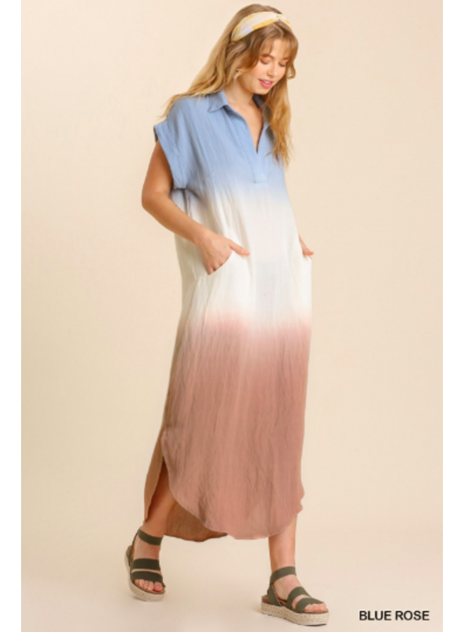 Dip Dye Maxi Dress w/ Collar & Pockets - Blue To Tan Ombre