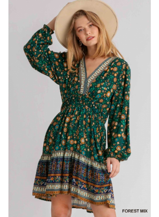 Boho Floral Border Print  Dress w/  Long Sleeves - Dark Green Floral