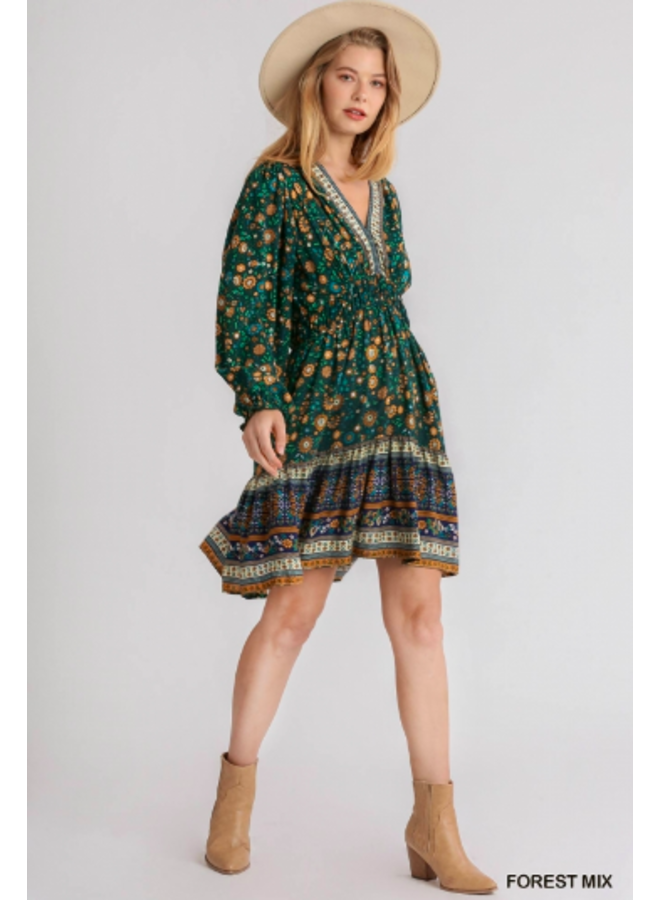 Boho Floral Border Print  Dress w/  Long Sleeves - Dark Green Floral