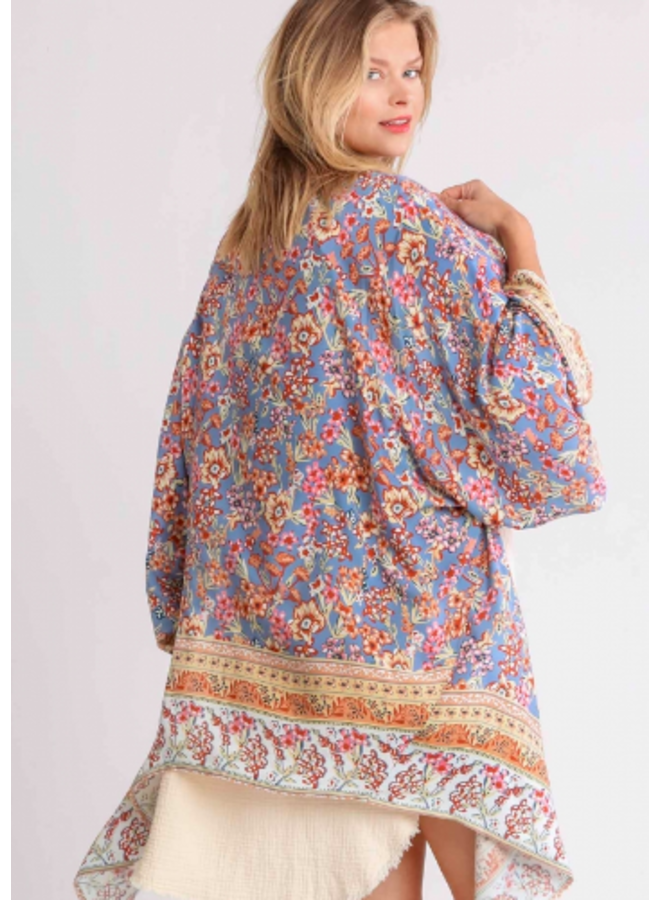 Boho Floral Border Short Kimono By Umgee - Dusty Blue Floral