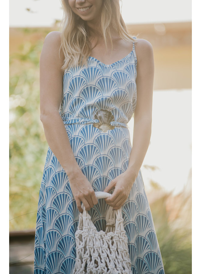 Caracol Taormina Maxi Dress w/ Shell Belt by Skemo - Blue Shell Print