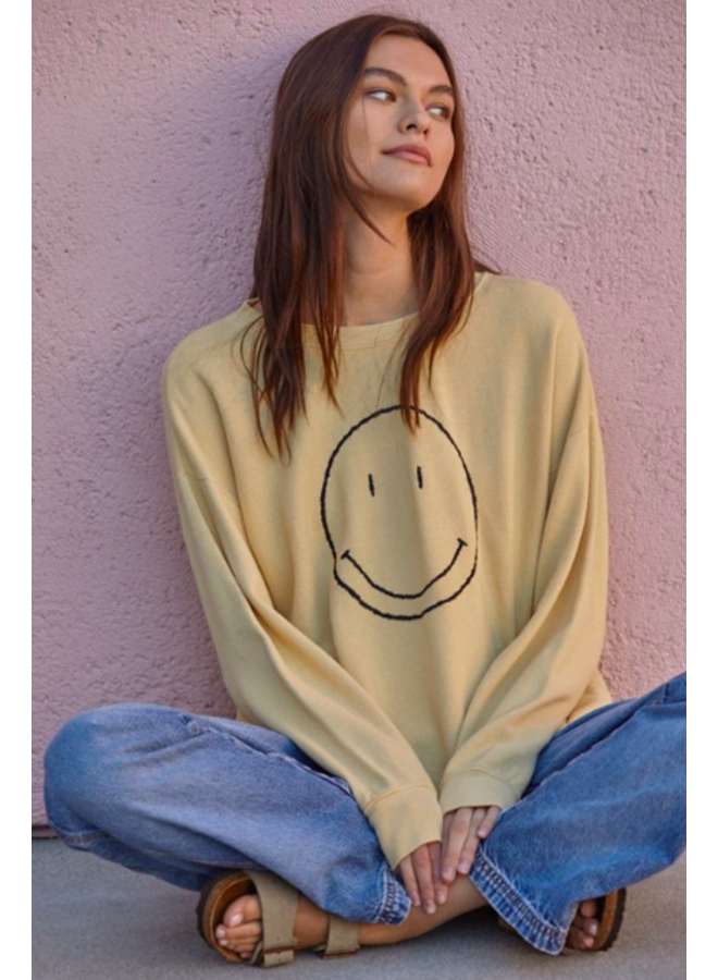 Yellow Sweatshirt  w/ Happy Face Embroidery - By Together