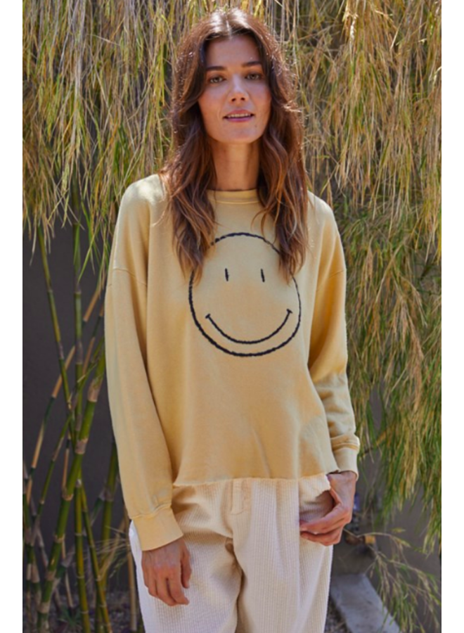 Yellow Sweatshirt  w/ Happy Face Embroidery - By Together