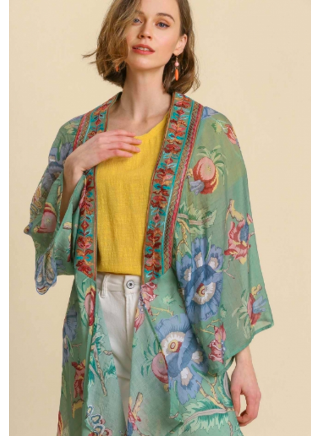 Sage Green Kimono with Embroidered Trim By Umgee Sage Green Miss Monroe Boutique