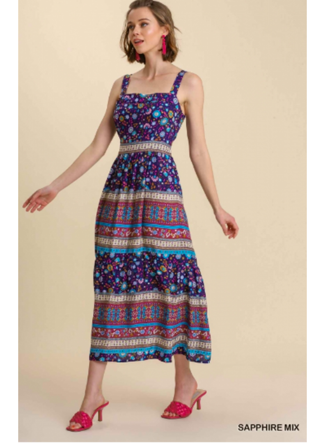 Boho Floral Border Print  Tiered Maxi Tank Dress  - Blue Purple Floral