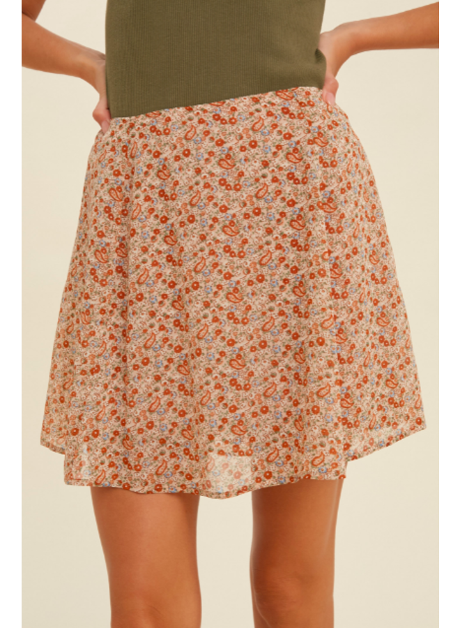 Ditsy Floral Short Skirt w/ Built In Shorts by Wishlist -  Apricot Orange Ditsy Print