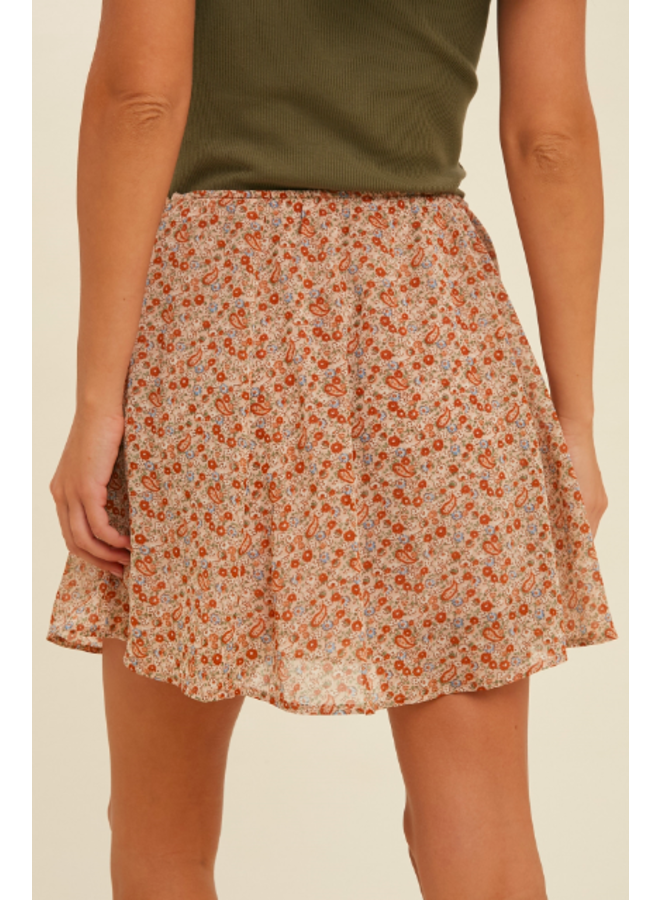 Ditsy Floral Short Skirt w/ Built In Shorts by Wishlist -  Apricot Orange Ditsy Print