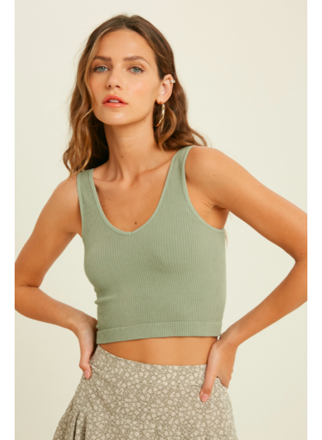 Ribbed V Neck Crop Top Tank by Wishlist - Olive Green - Miss