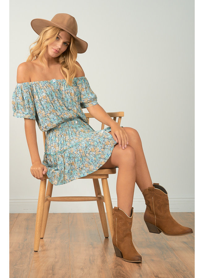 Ditsy Floral Off Shoulder Button Up Dress  by Elan - Aqua Ditsy Floral