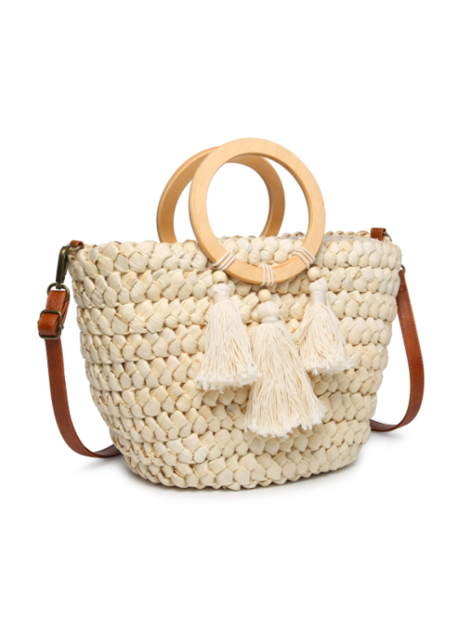 Cheryl Straw Tote w/ Wooden Circle Handle & Crossbody Strap