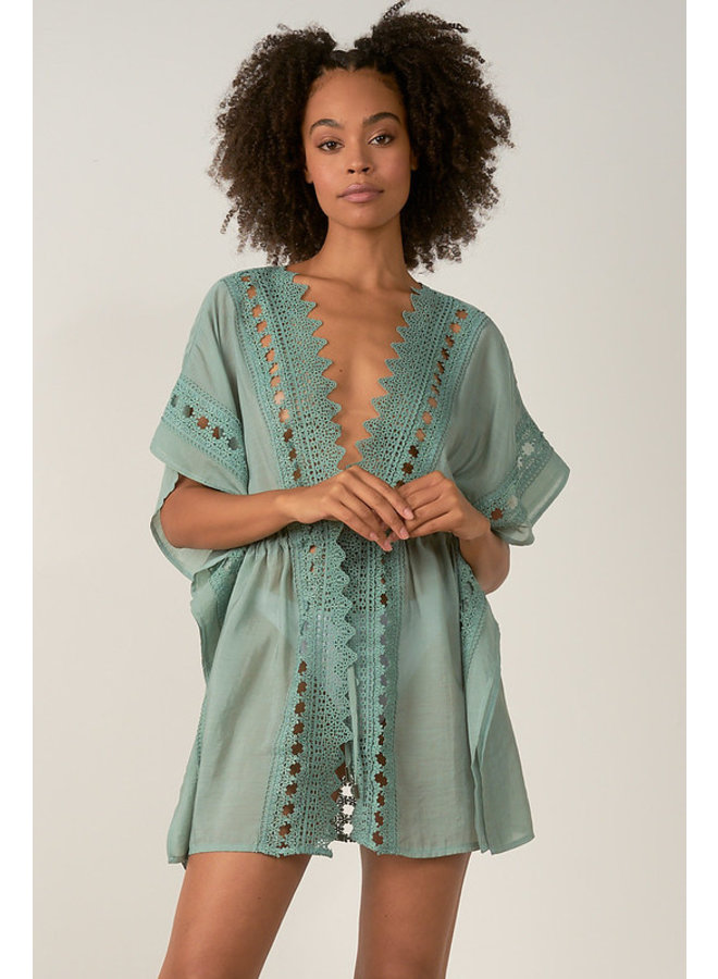 Short Coverup w/ Crochet Lace Insets by Elan - Teal Jade