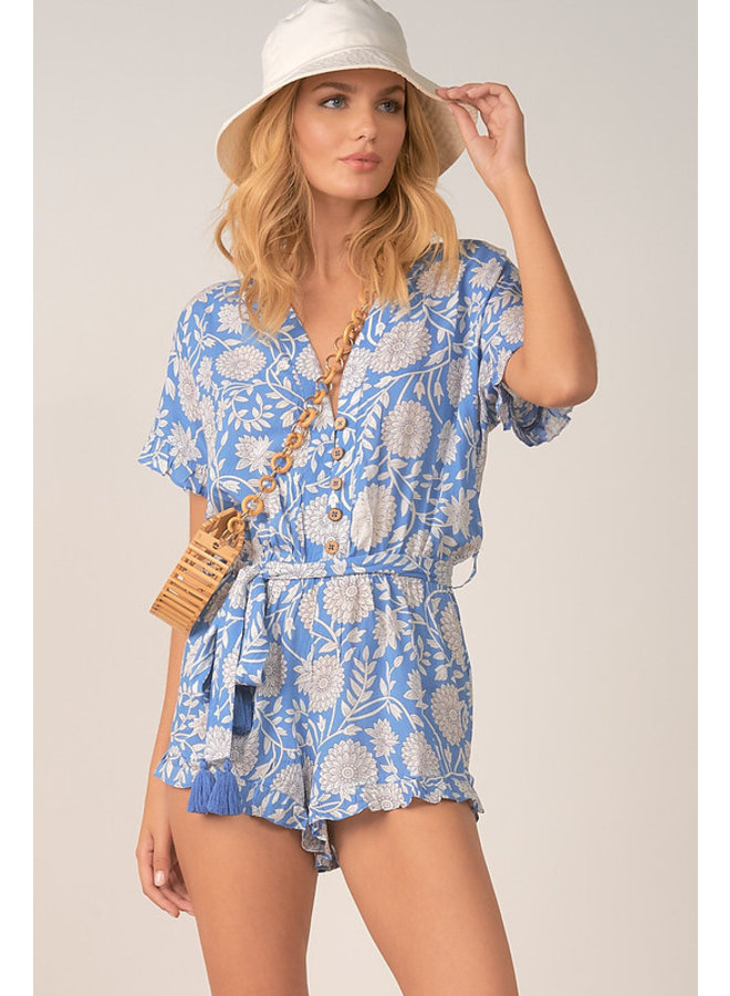 Button Front Romper by Elan - Blue & White Caribbean Floral