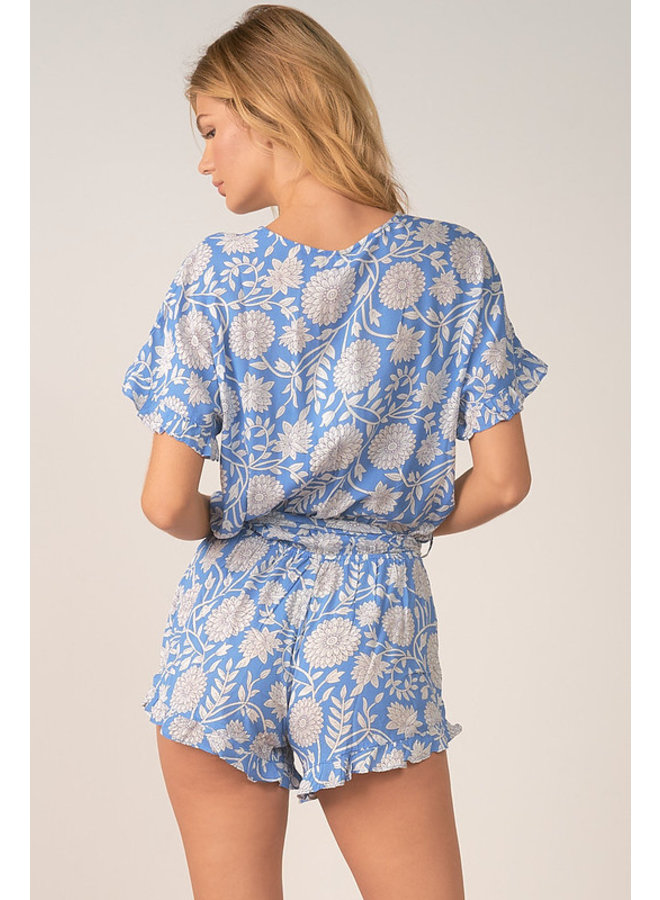 Button Front Romper by Elan - Blue & White Caribbean Floral