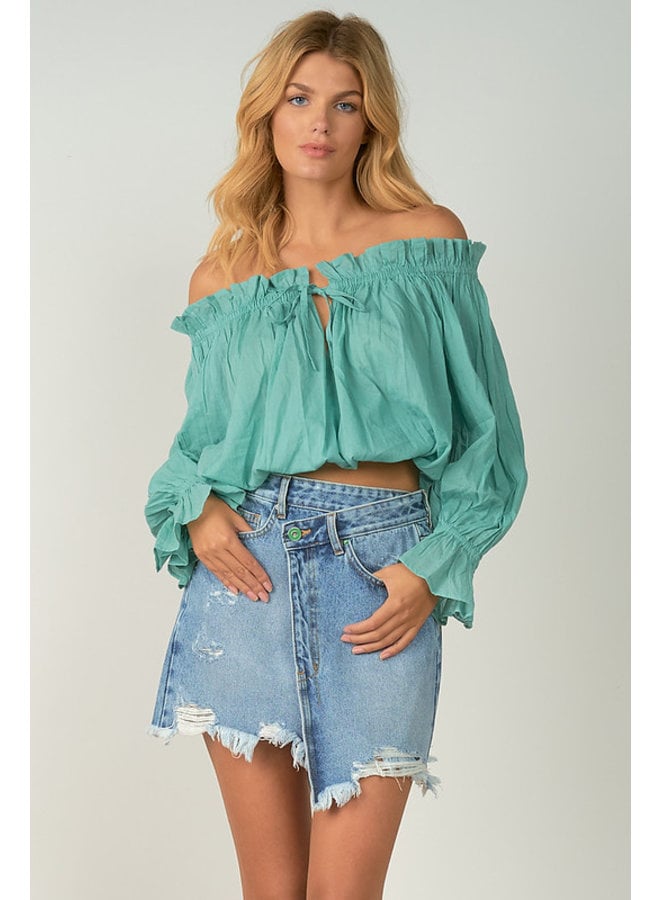 Off Shoulder L/S Ruffle Top w/ Tie Front by Elan-  Teal