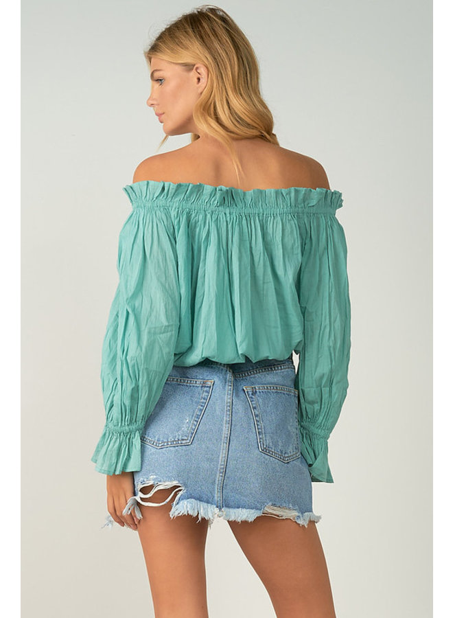 Off Shoulder L/S Ruffle Top w/ Tie Front by Elan-  Teal