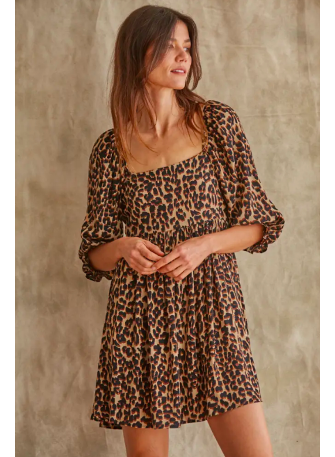 Leopard Short Dress w/ 3/4 Puff Sleeve & Tie Back - By Together