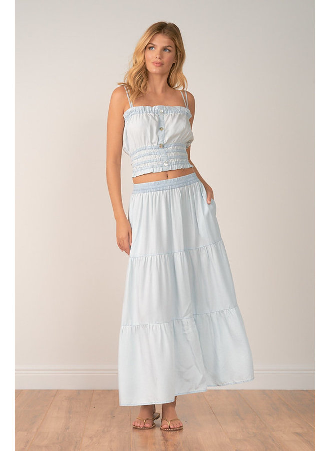 Denim Tiered Maxi Skirt by Elan - Light Wash Denim