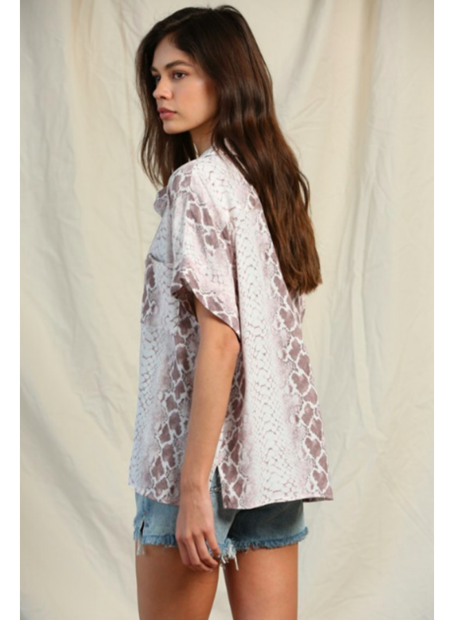 Short Sleeve Button Up Top- Nude Snake   - By Together