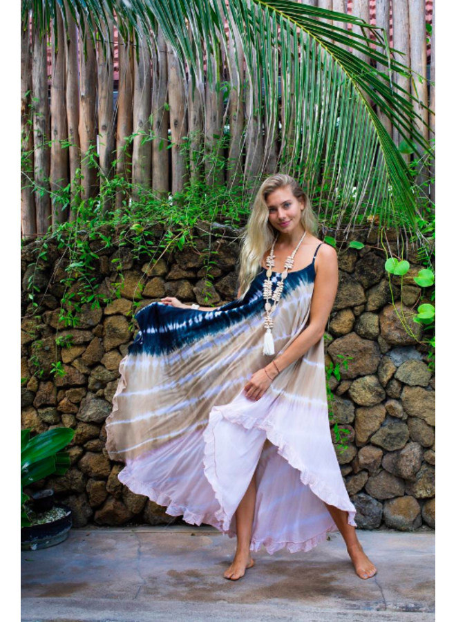 Tie Dye Striped Spaghetti Strap Maxi Dress - Black/ Taupe / Rose - One Size Fits All